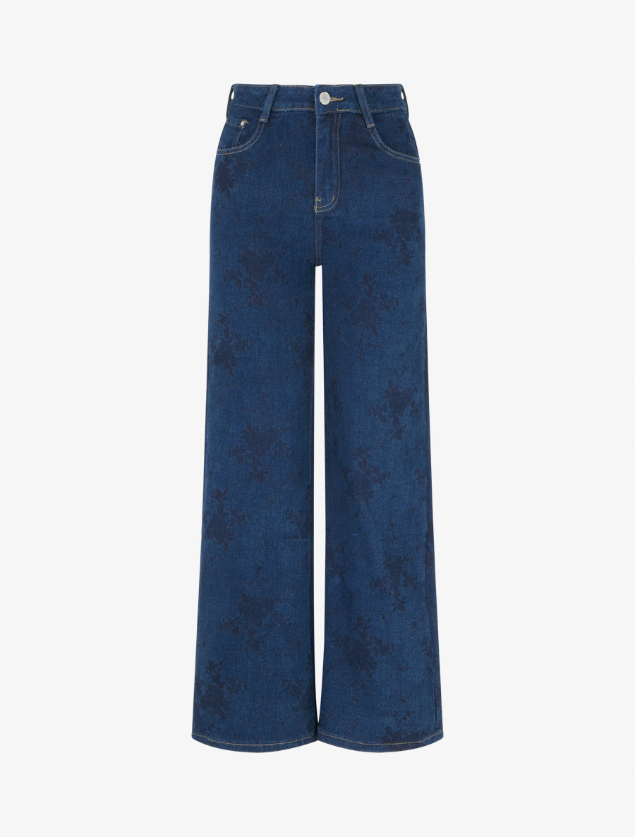 Jean droit taille standard à motif fleuri - Bleu brut - 1