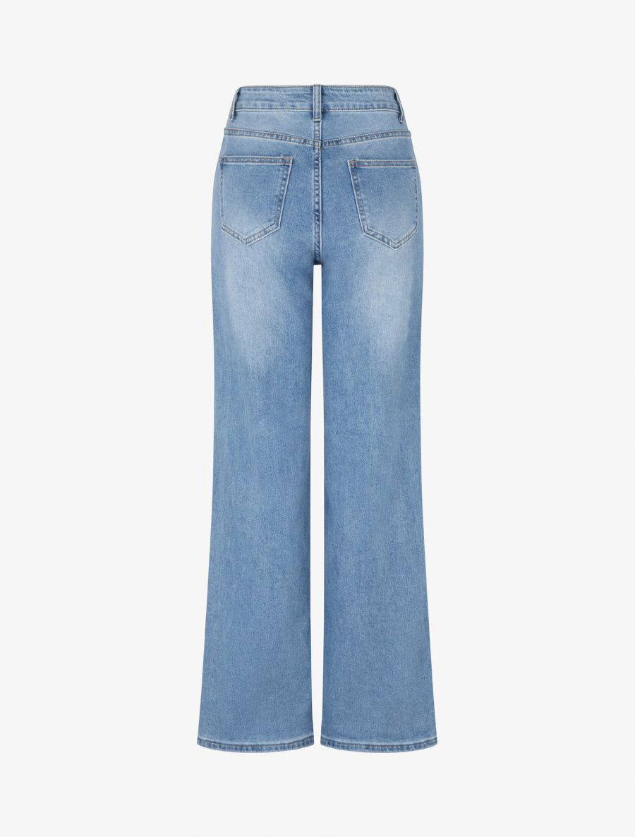 Jean wide leg à boutons décoratifs coupe droite - Bleu - 2
