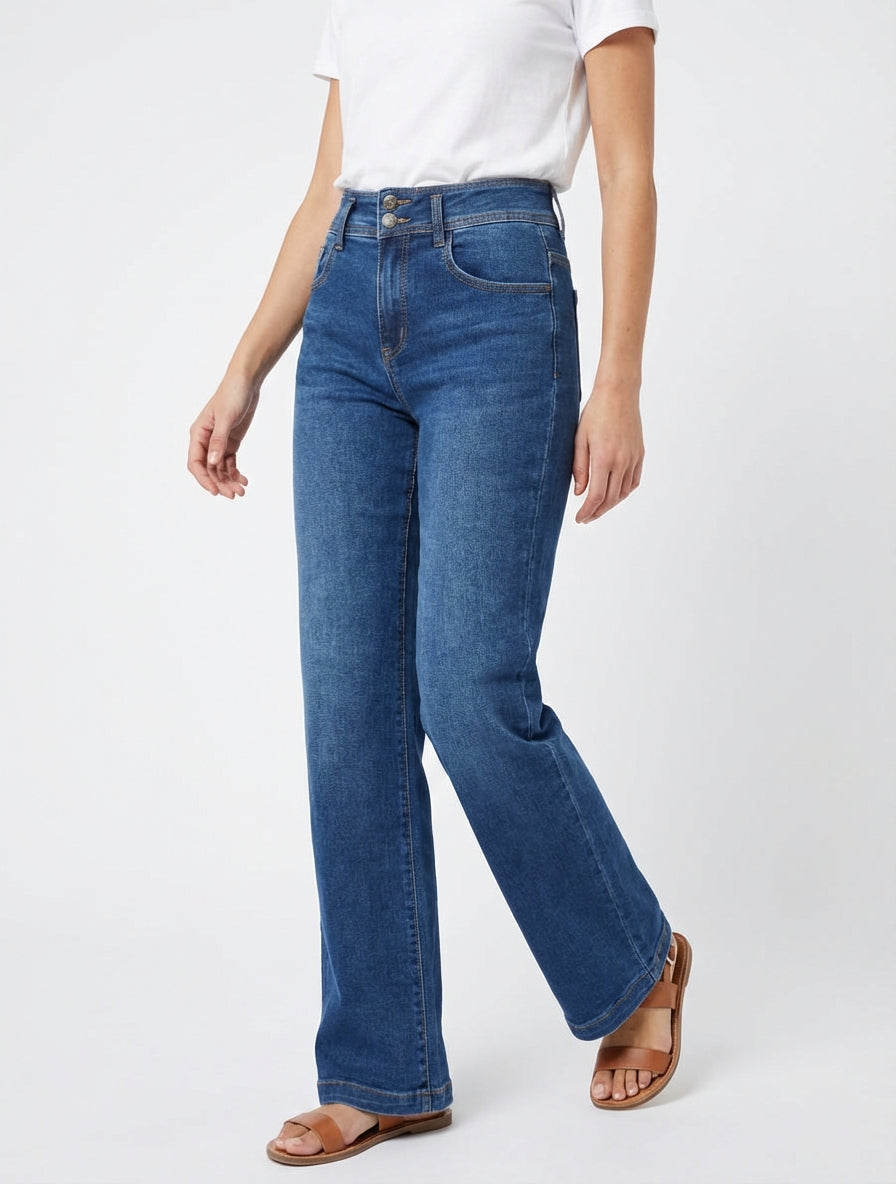 Wide leg jeans met twee knoopsluitingen. - Blauw