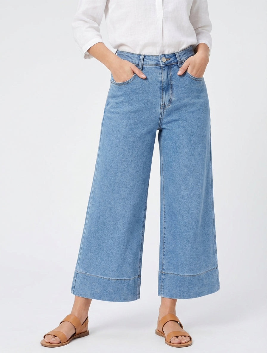 Hoge taille wijde bermuda - Blauw
