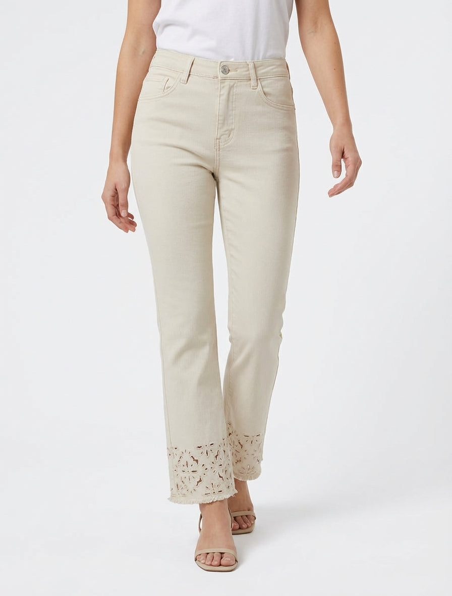 Jean met geborduurde randen. - Beige