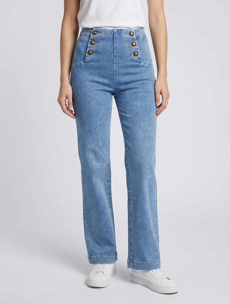Jean met rechte pijpen en knopen. - Blauw