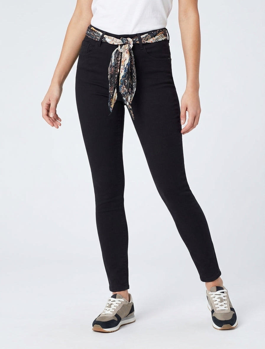 Skinny jeans met bedrukt riempje - Zwart