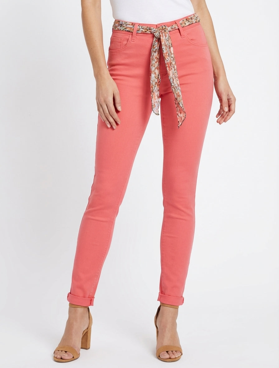 Skinny jeans met bedrukt riempje - Koraal