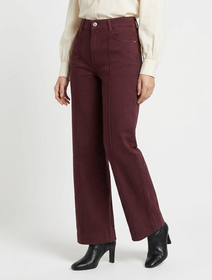 Jean met wijde pijpen en hoge taille met zichtbare naden - Bordeaux