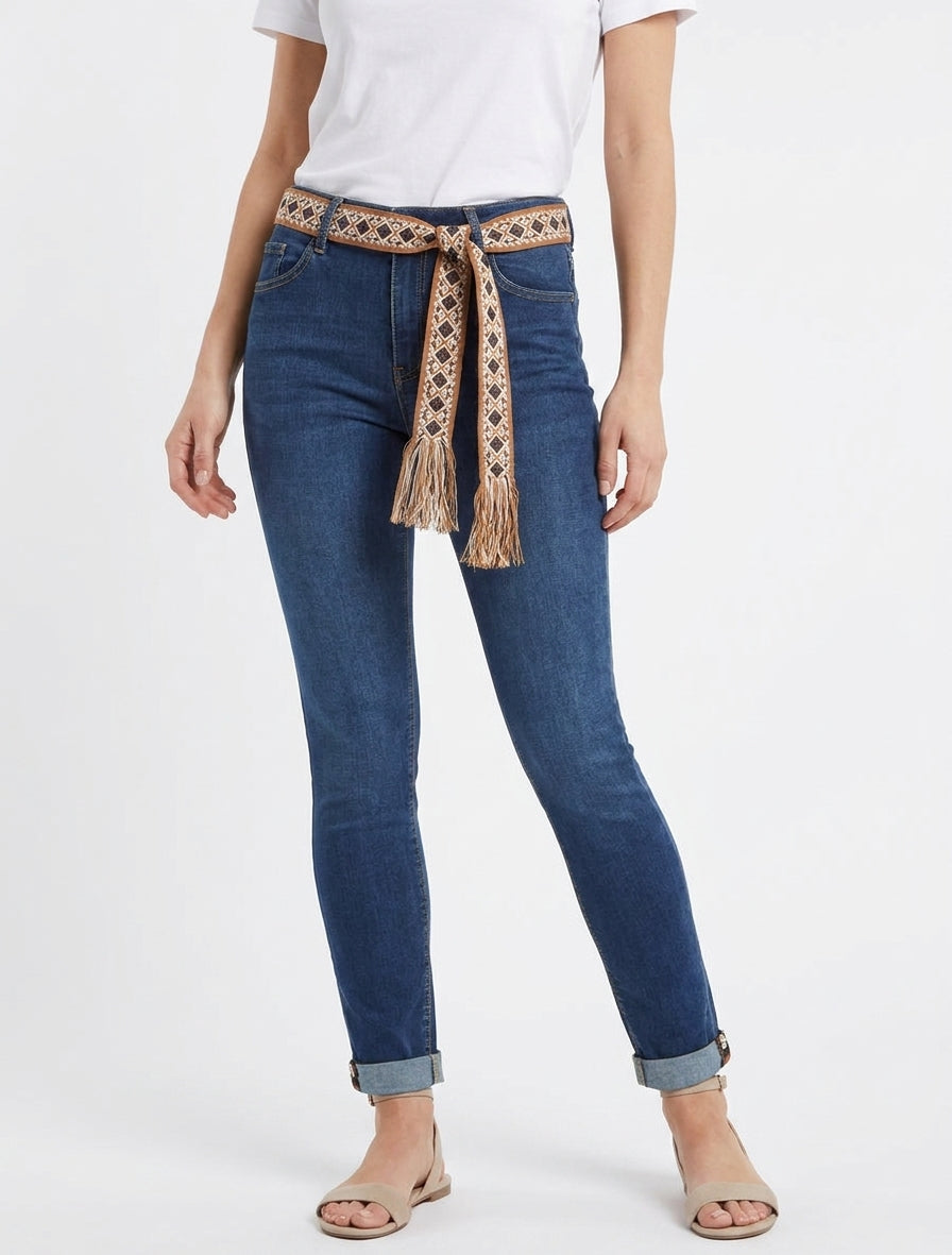 Grafische riem skinny jeans met zoomranden - Blauwe denim