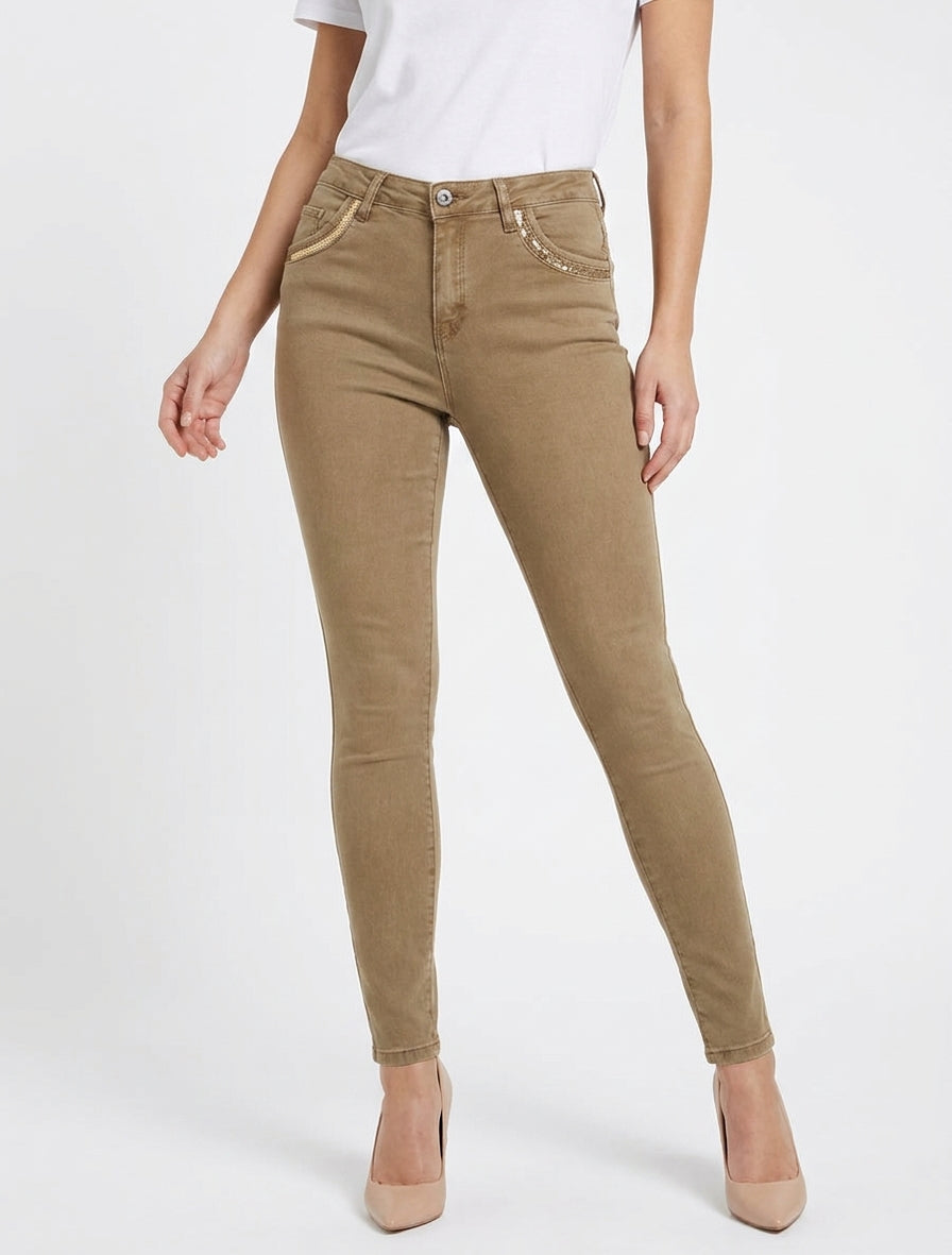 Skinny jeans met pailletten zakken - Lichtbruin