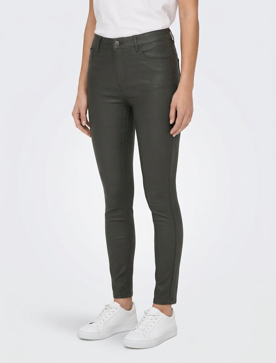 Slim fit broek in gecoat imitatieleer - Donker kaki