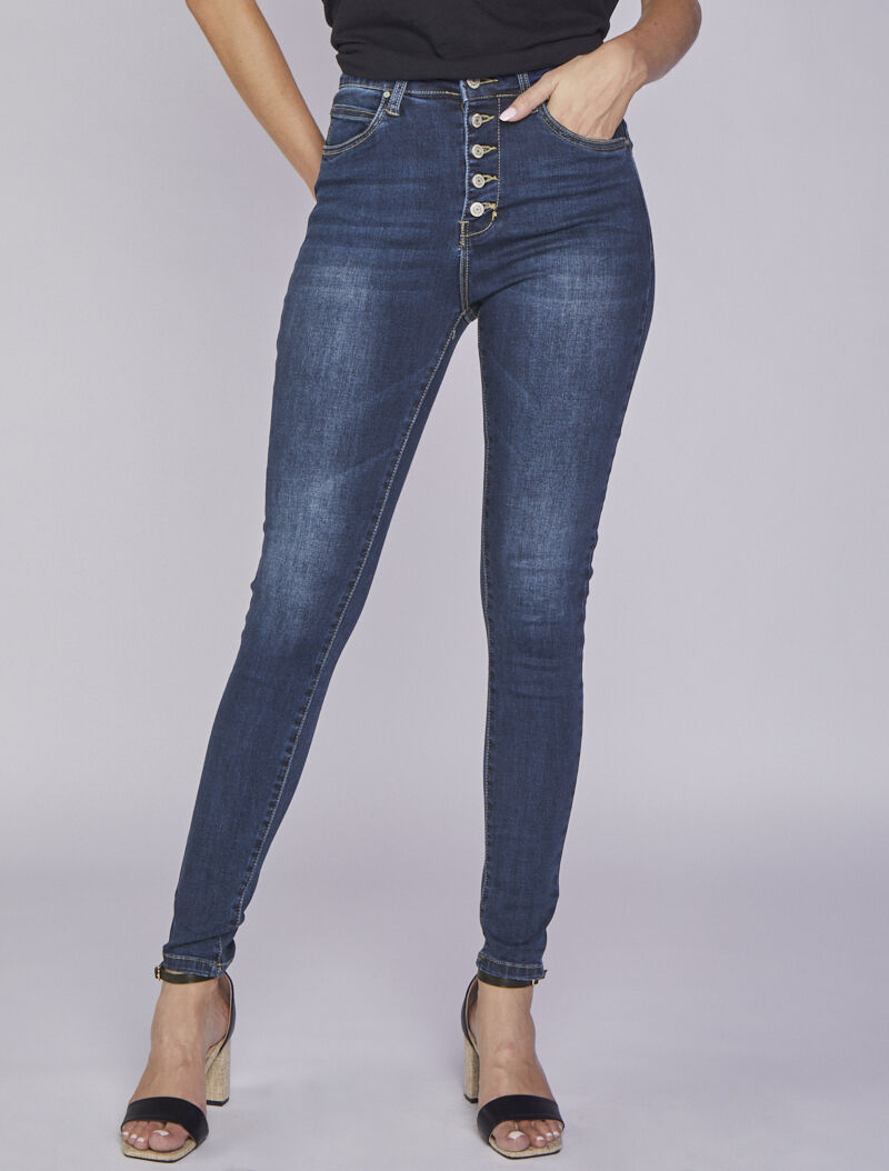 Jean skinny taille haute à boutons - Bleu denim - 5