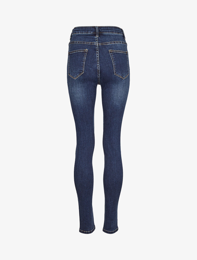 Jean skinny taille haute à boutons - Bleu denim - 4