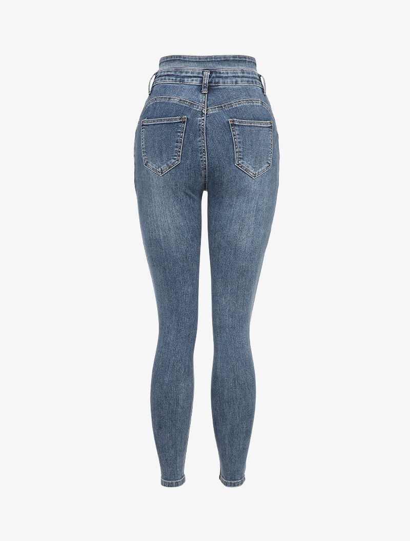 Jean skinny délavé à taille haute boutonnée - Bleu - 3