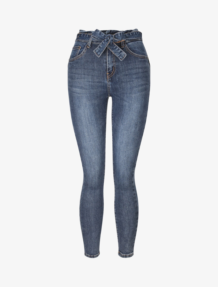 Jean skinny à ceinture à nouer - Bleu denim - 4