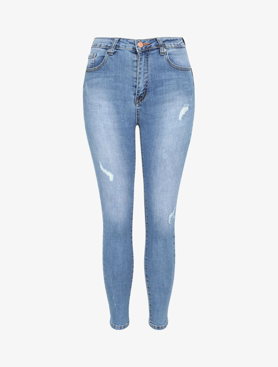 Jean push up skinny délavé et éraflé - Bleu denim - 1