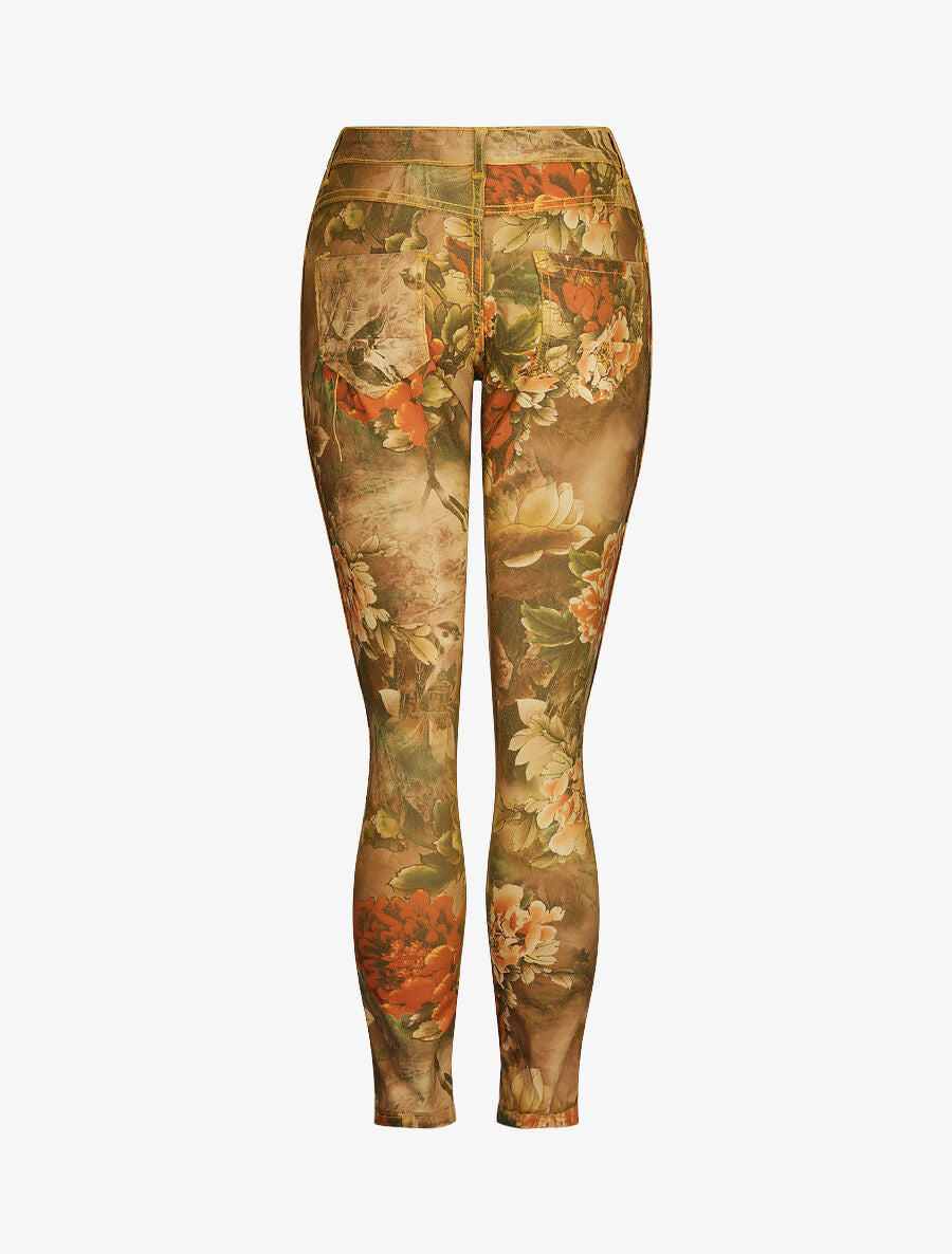 Jean réversible slim taille haute effet froissé imprimé fleuri - Moutarde - 4