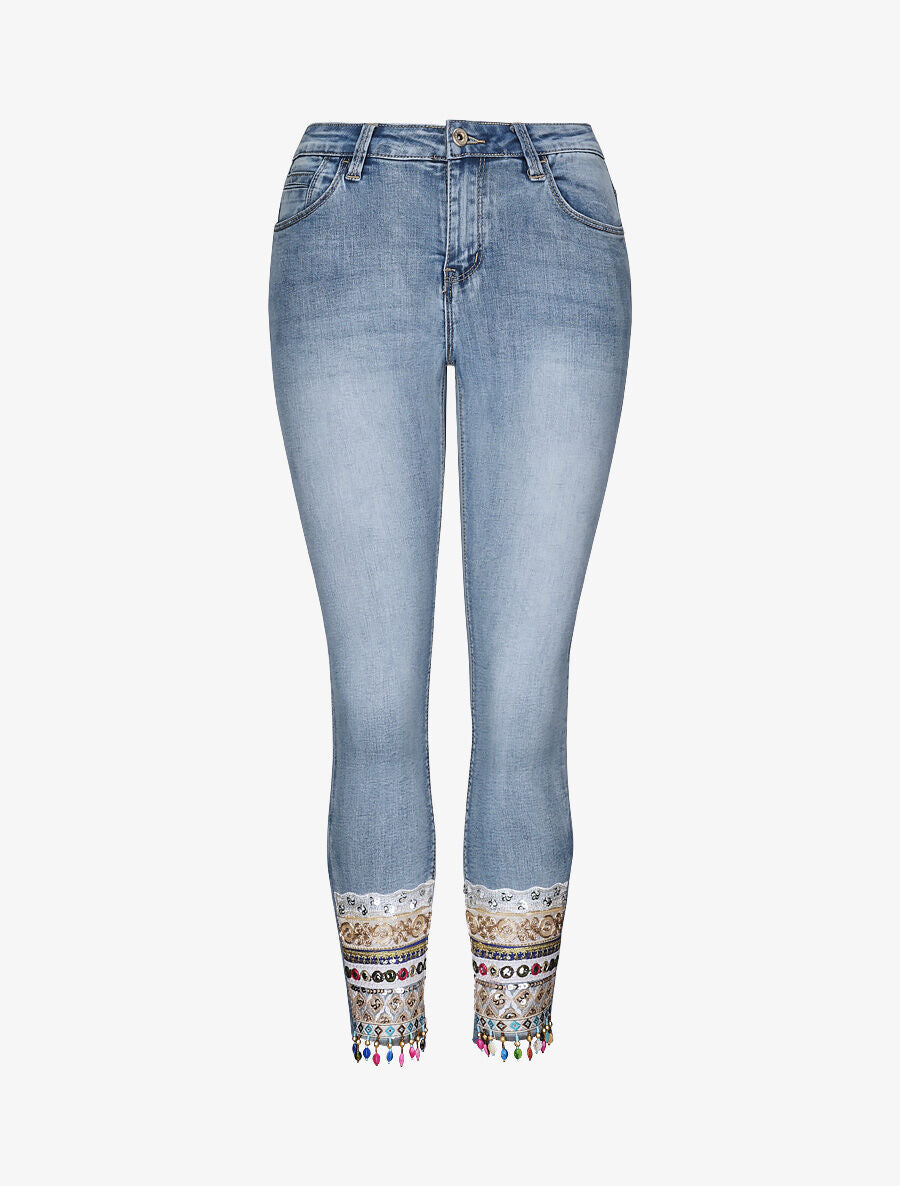 Jean slim taille haute broderies et perles - Bleu - 1