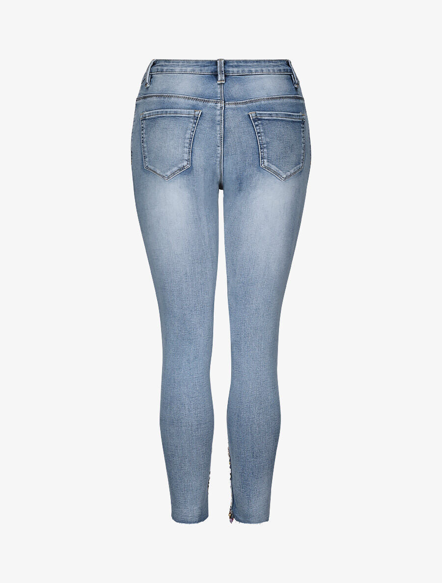 Jean slim taille haute broderies et perles - Bleu - 2