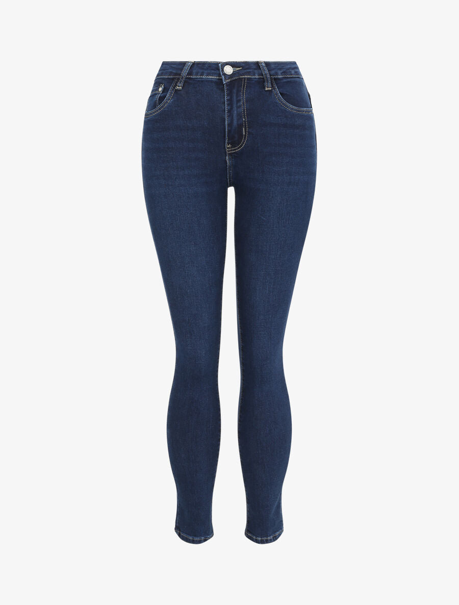 Jean skinny uni à taille haute - Bleu foncé - 4