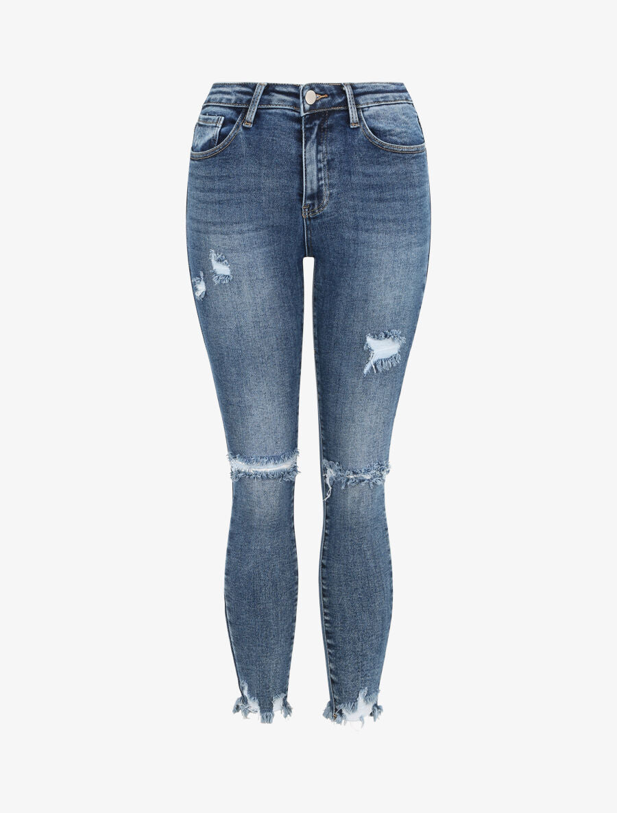 Jean skinny déchiré et à bords effilochés - Bleu denim - 1