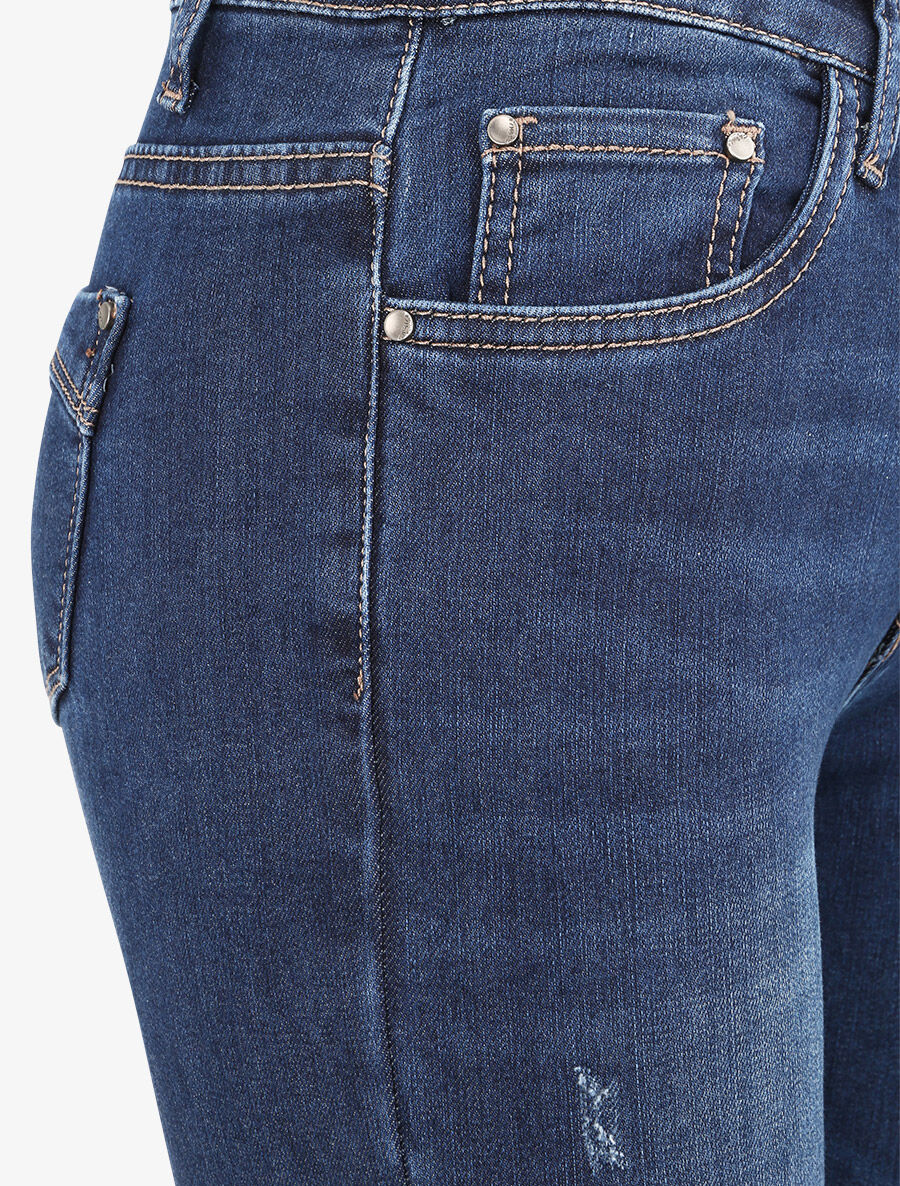 Jean skinny taille haute délavé et griffé - Bleu foncé - 3