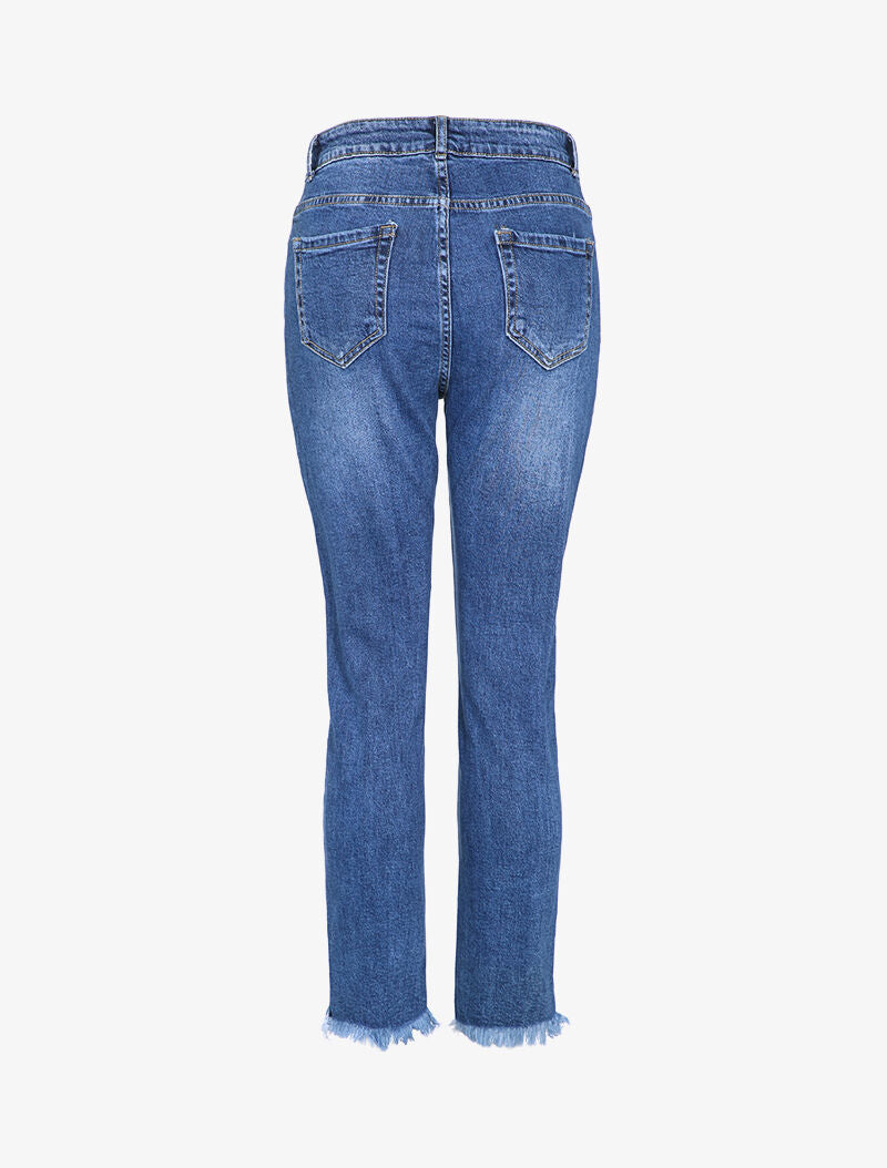 Jean boyfriend à bords effilochés - Bleu denim - 2