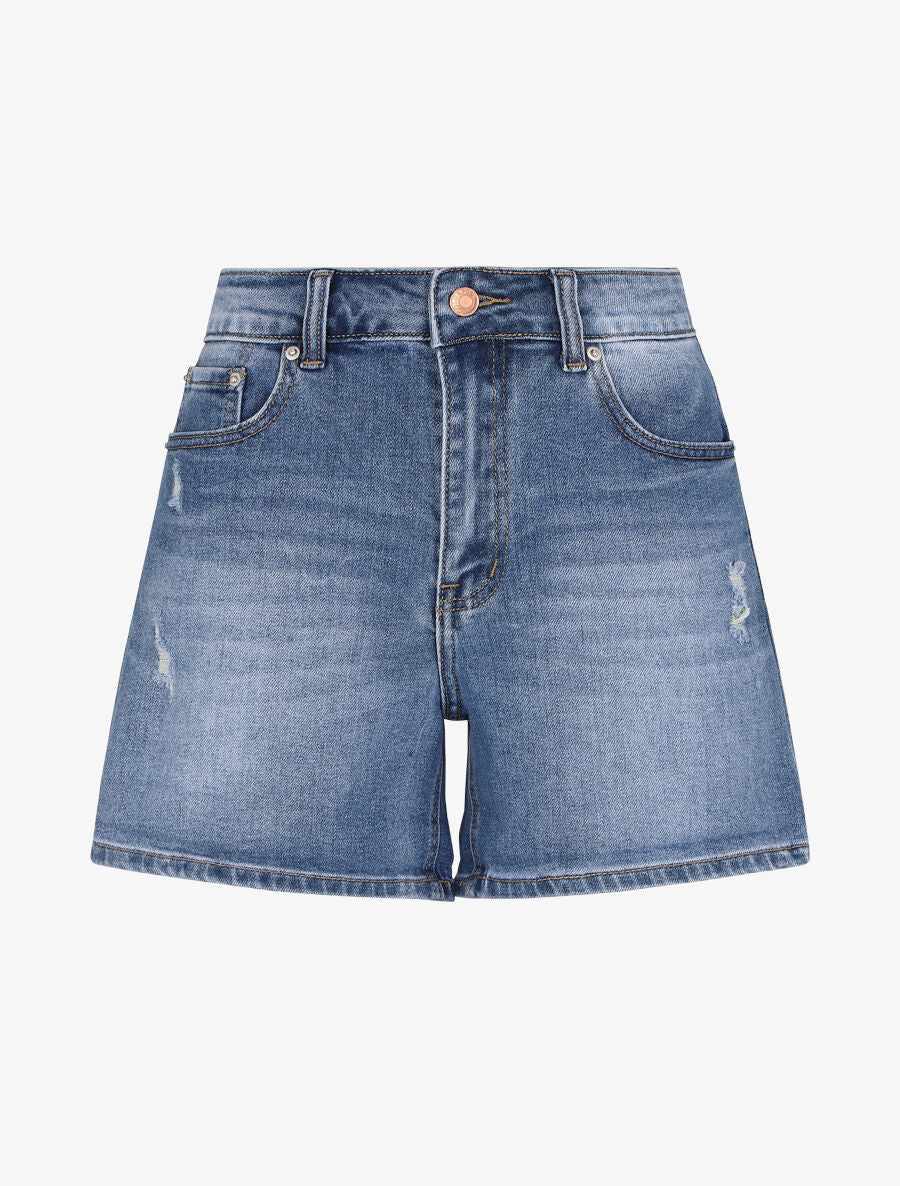 Short délavé et déchiré coupe droite - Bleu - 1