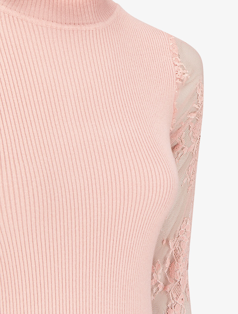 Robe pull côtelée à col volanté et manches en dentelle - Rose poudré - 3