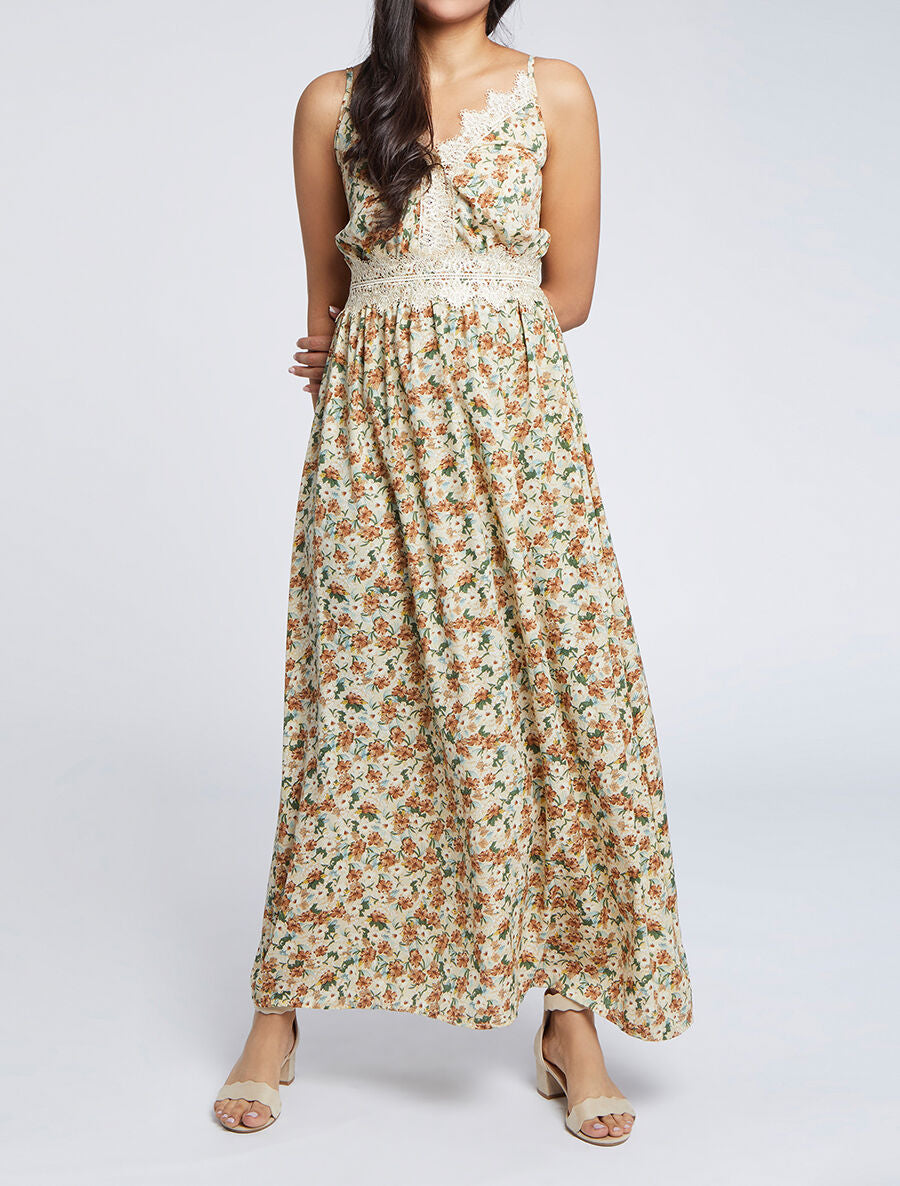 Robe longue fleurie et à fines broderies - Beige - 1