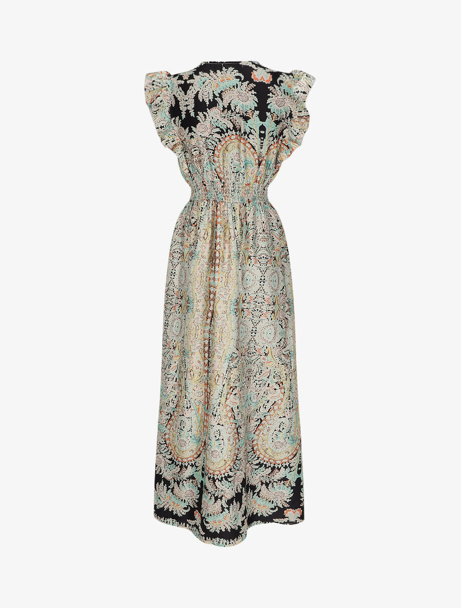 Robe longue empire satinée imprimé cachemire stylisé - Noir - 2
