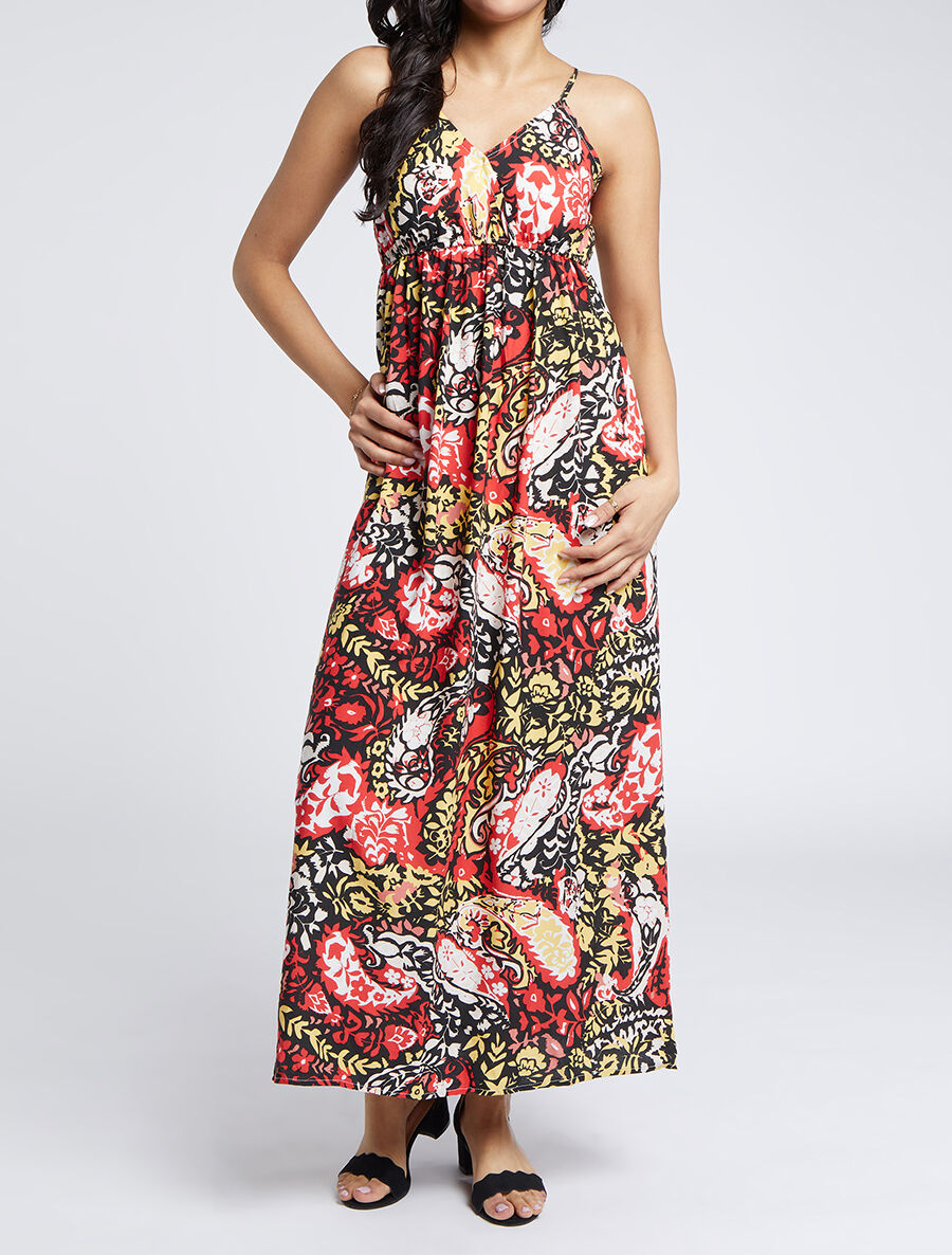 Robe longue imprimé foulard - Noir/rouge - 5