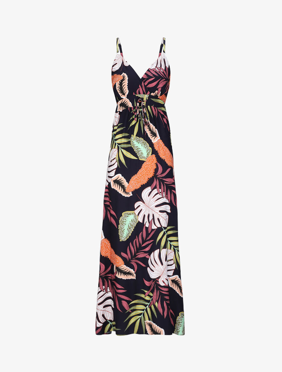 Robe longue empire imprimé plantes tropicales à bretelles - Marine - 4