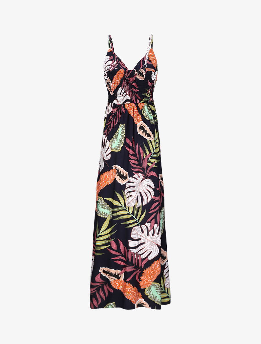 Robe longue empire imprimé plantes tropicales à bretelles - Marine - 2