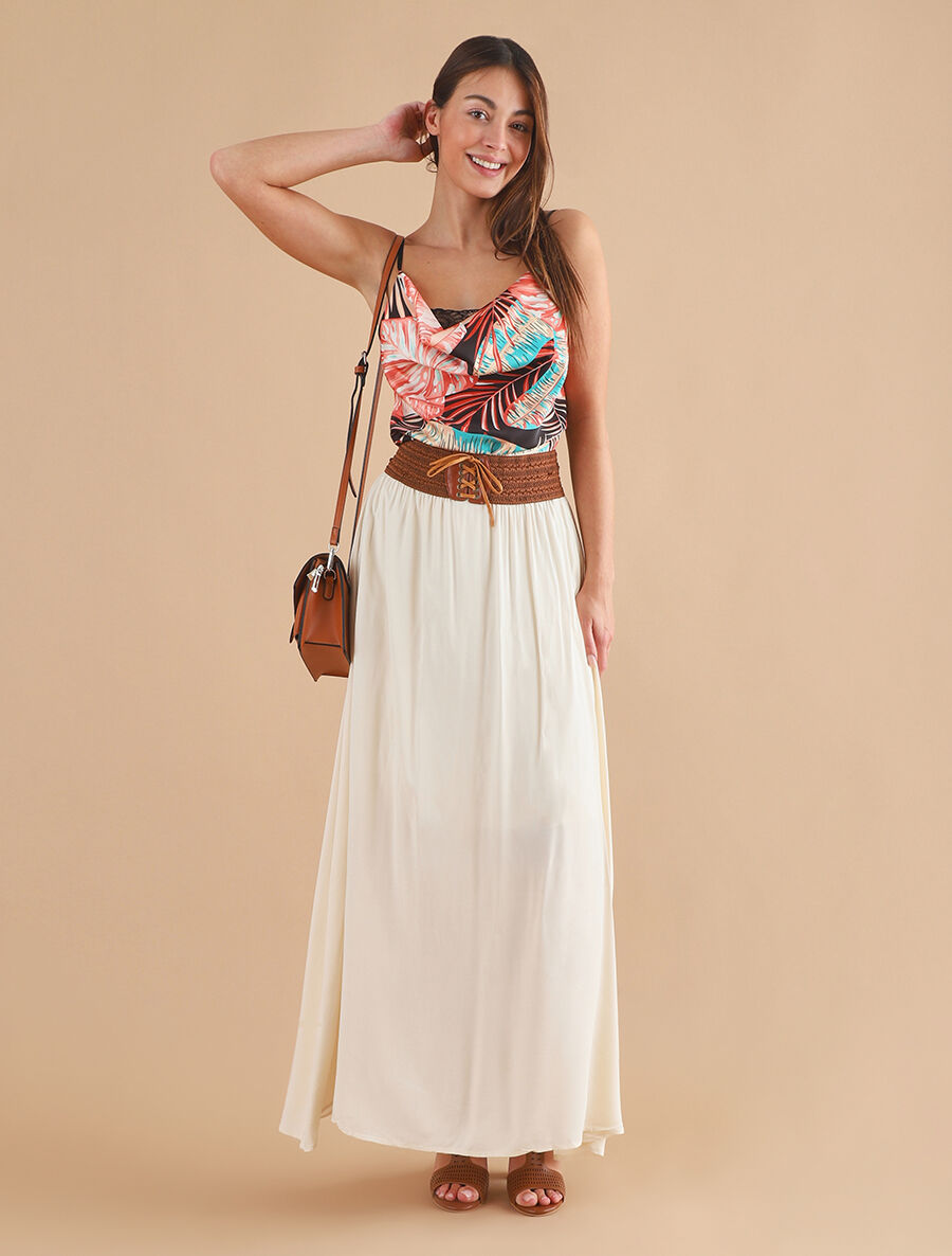 Jupe longue unie à taille haute contrastante - Beige - 5