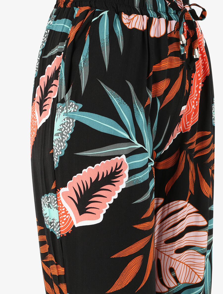 Pantalon fluide imprimé feuilles à bords élastiqués - Noir - 3
