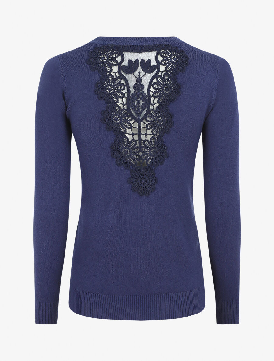 Pull à col rond et dos en dentelle - Bleu - 2