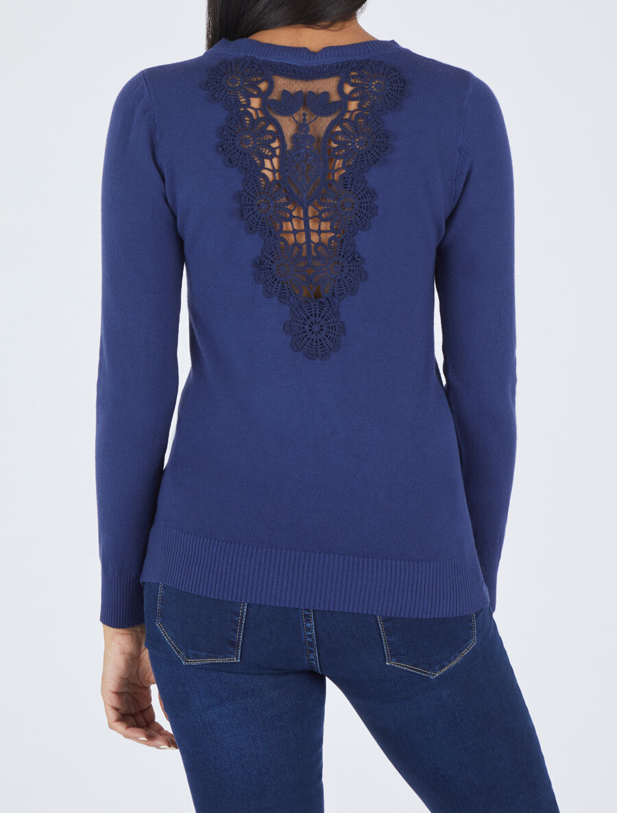 Pull à col rond et dos en dentelle - Bleu - 5