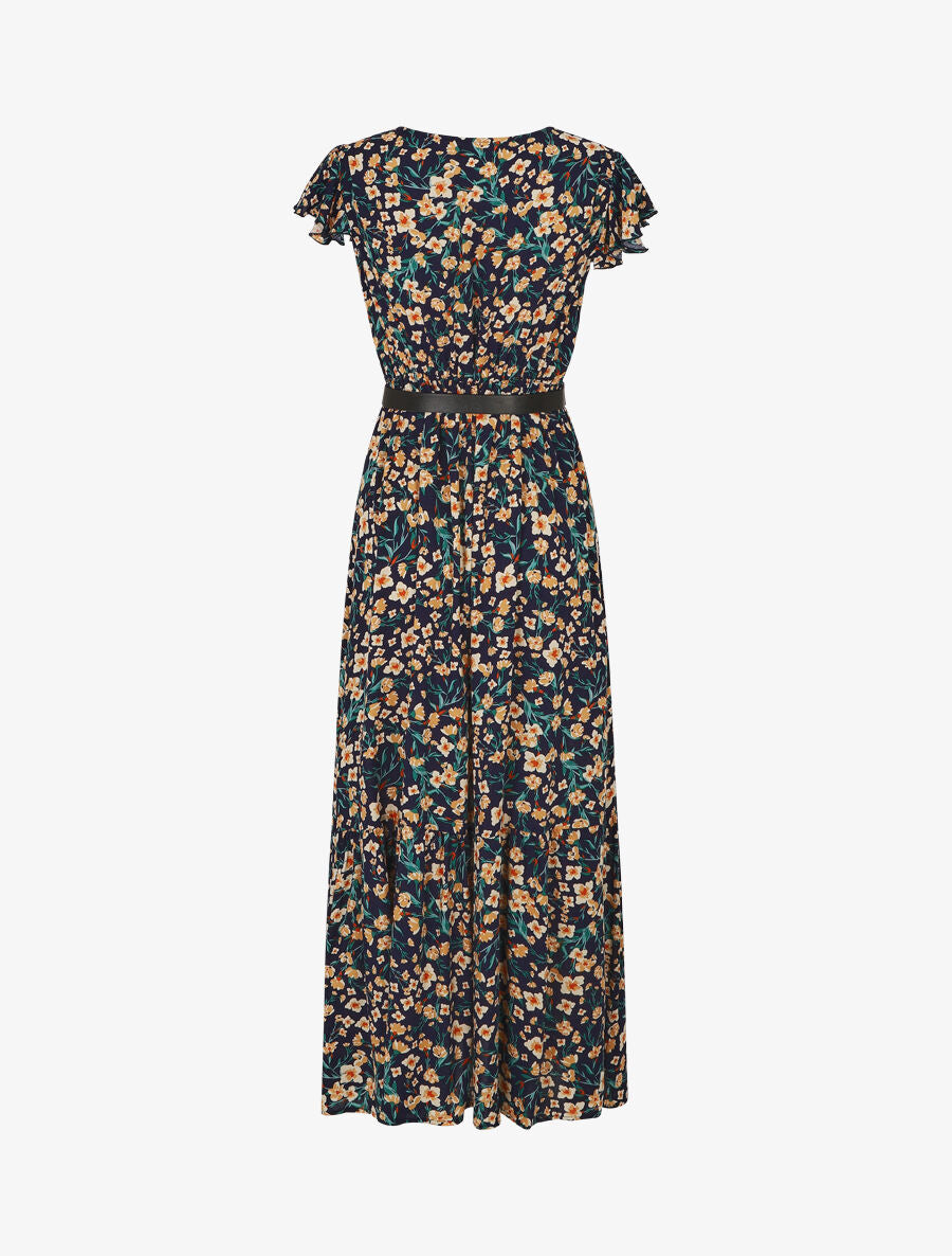 Robe longue élastiquée imprimé fleuri et broderies - Marine - 2