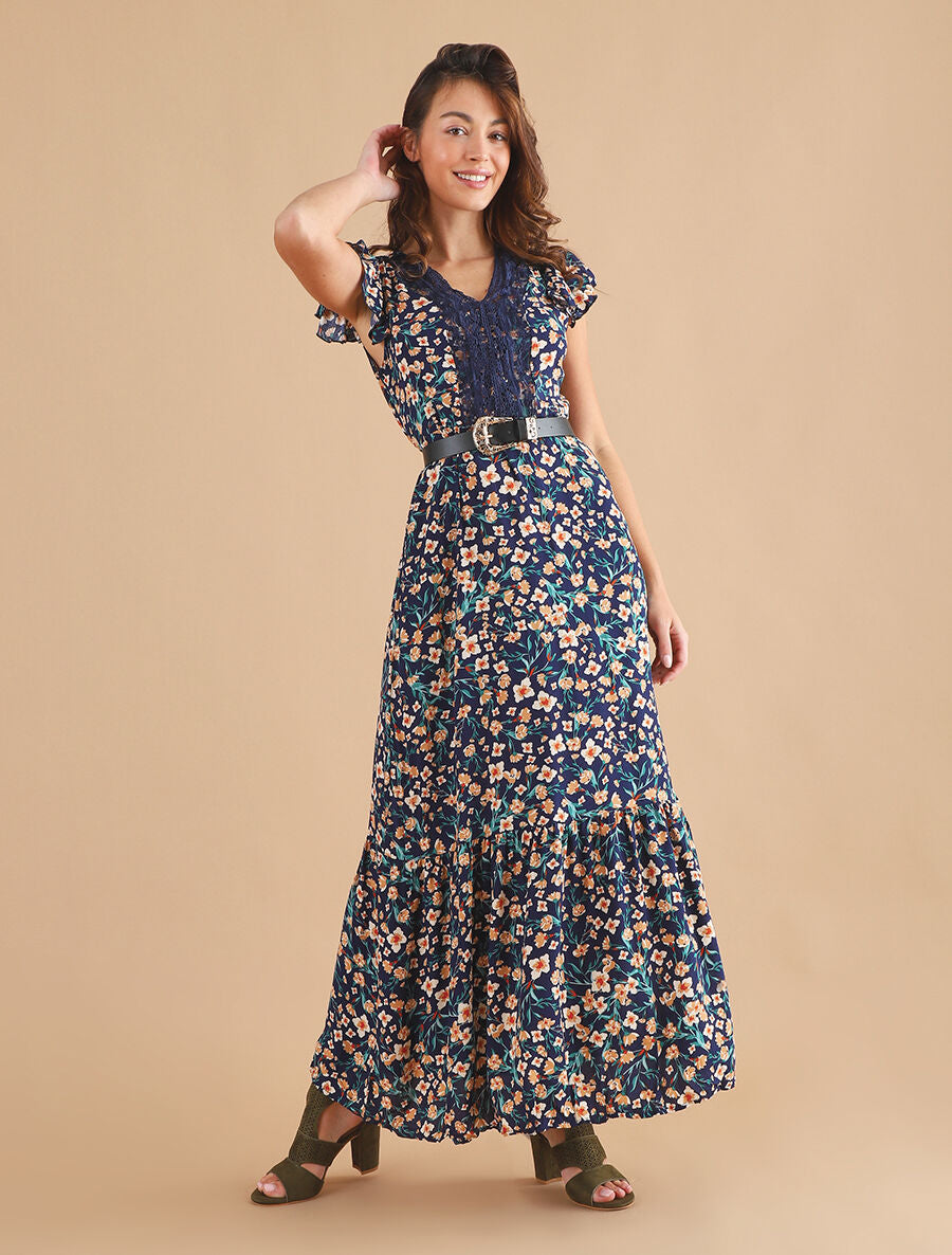 Robe longue élastiquée imprimé fleuri et broderies - Marine - 4