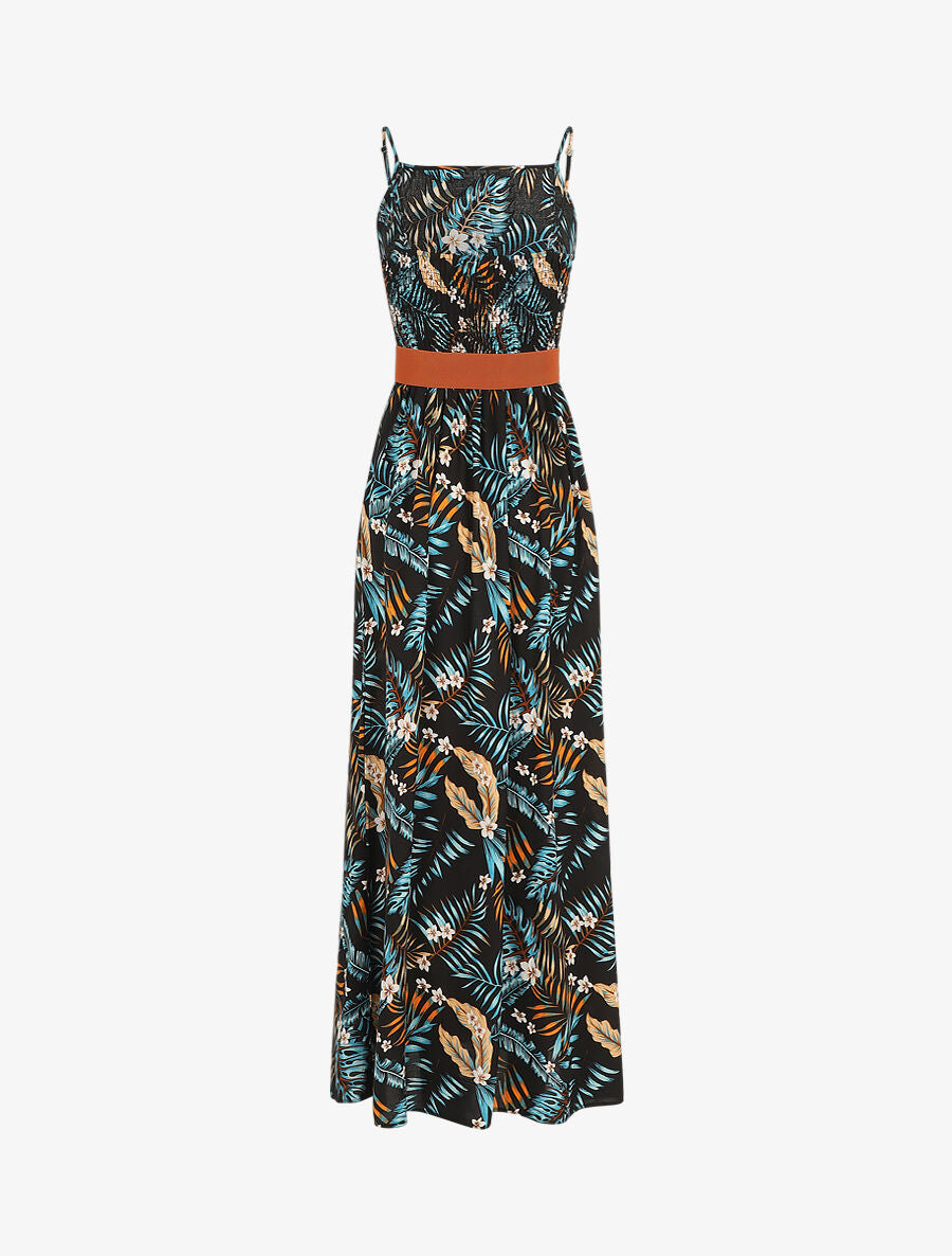 Robe longue droite à imprimé feuillage - Noir - 2