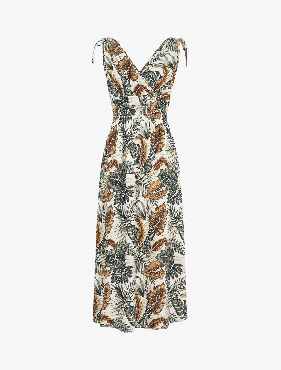 Robe longue élastiquée à imprimé feuilles - Blanc - 1