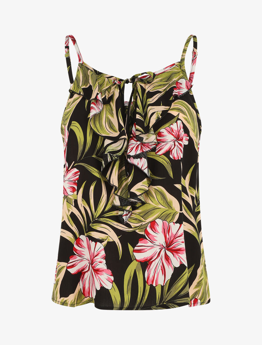 Caraco volanté à imprimé fleurs tropicales - Noir - 1