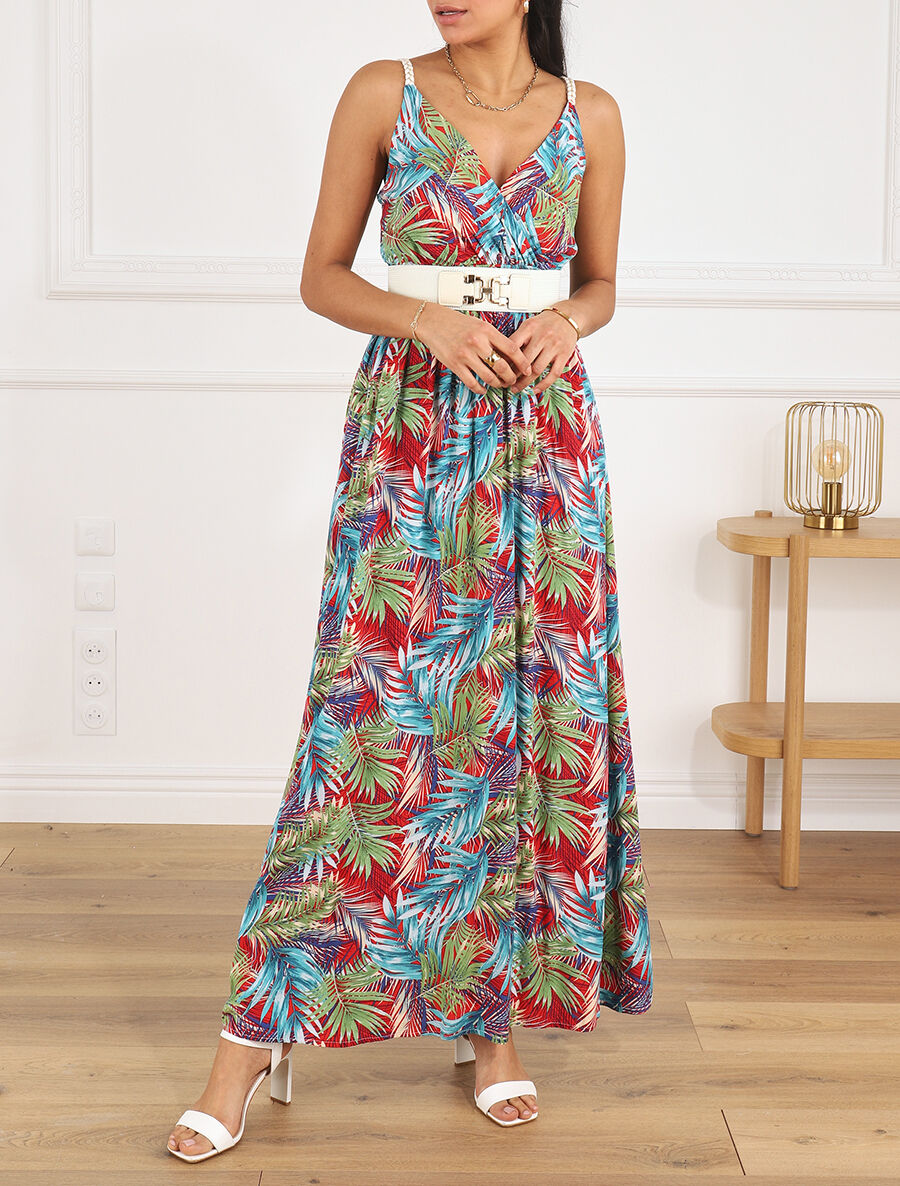 Robe longue élastiquée imprimé feuilles - Bleu - 4