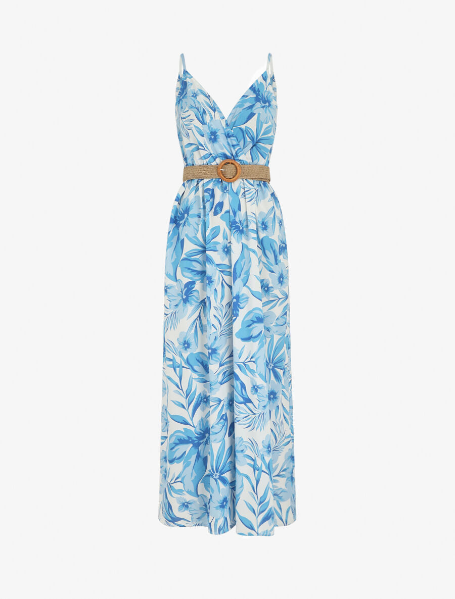Robe longue imprimé grandes fleurs à bretelles - Bleu - 1