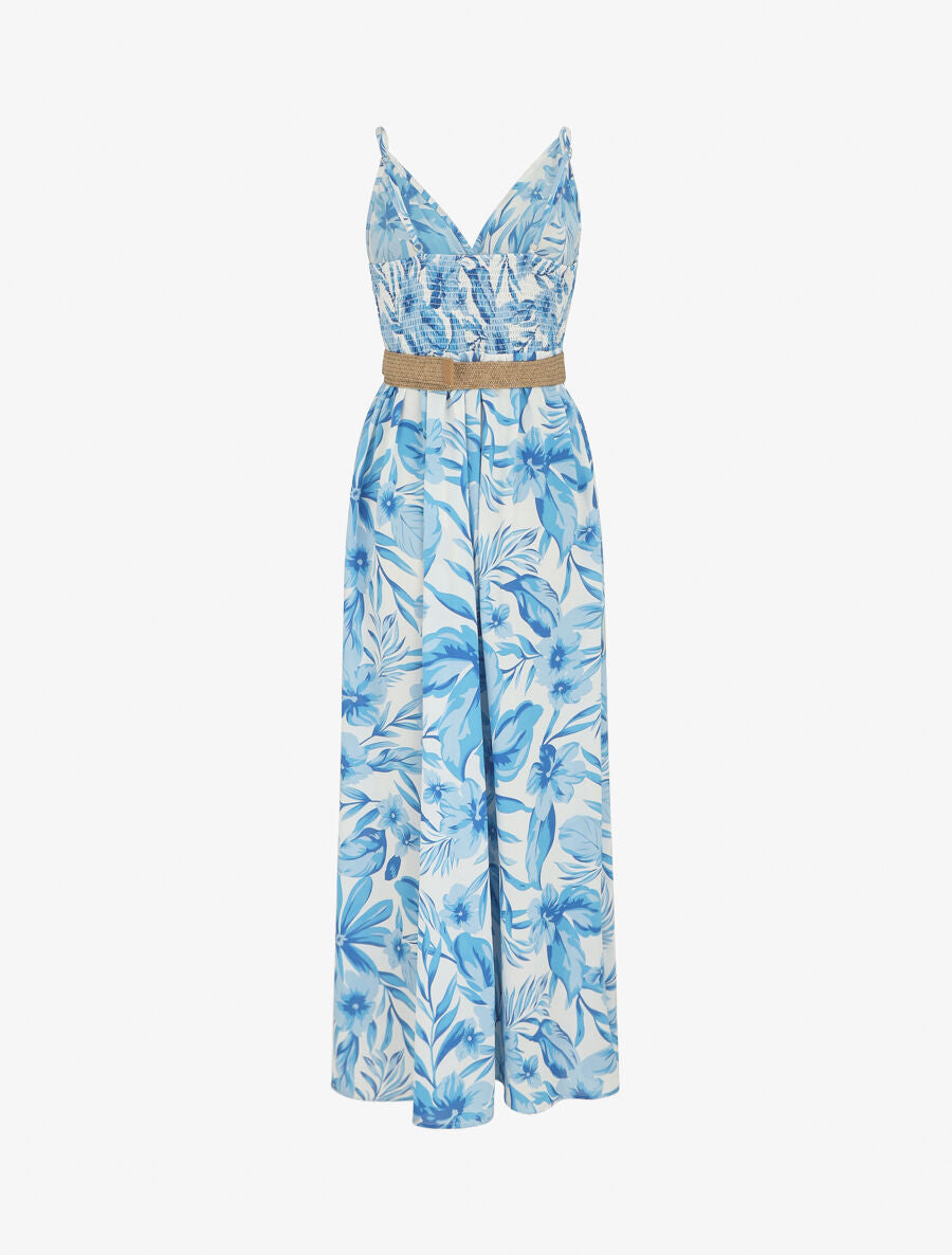 Robe longue imprimé grandes fleurs à bretelles - Bleu - 2