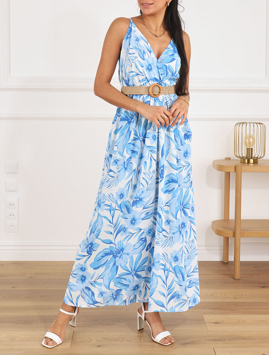 Robe longue imprimé grandes fleurs à bretelles - Bleu - 4