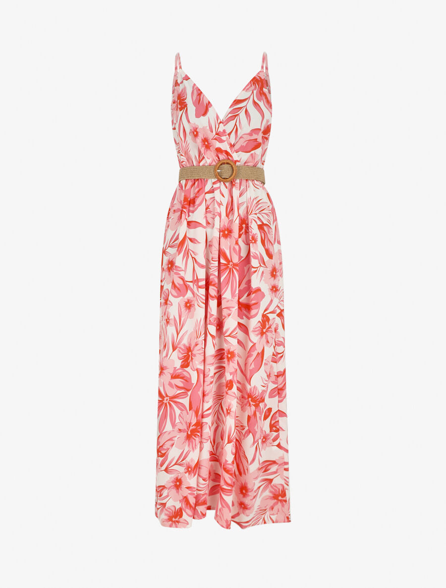 Robe longue imprimé grandes fleurs à bretelles - Rouge - 1
