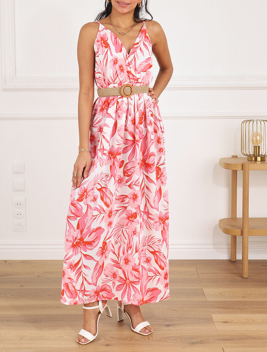 Robe longue imprimé grandes fleurs à bretelles - Rouge - 4