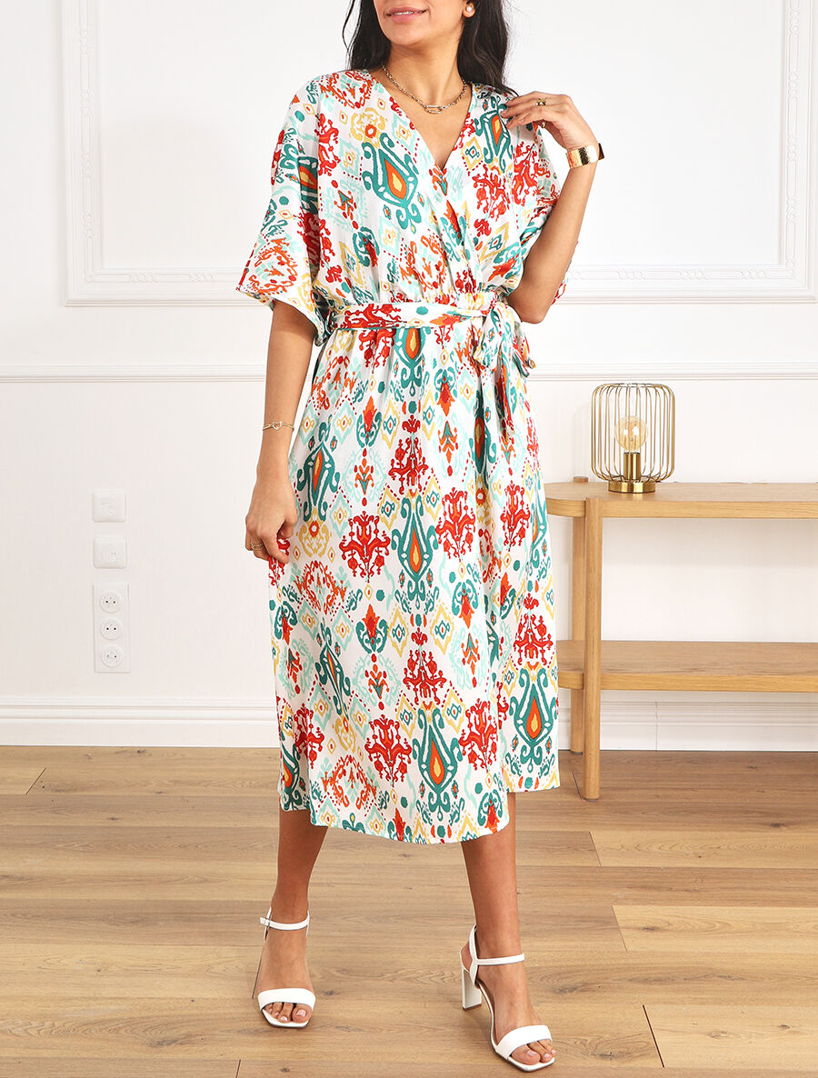 Robe longue style kimono imprimé aztèque - Vert - 4