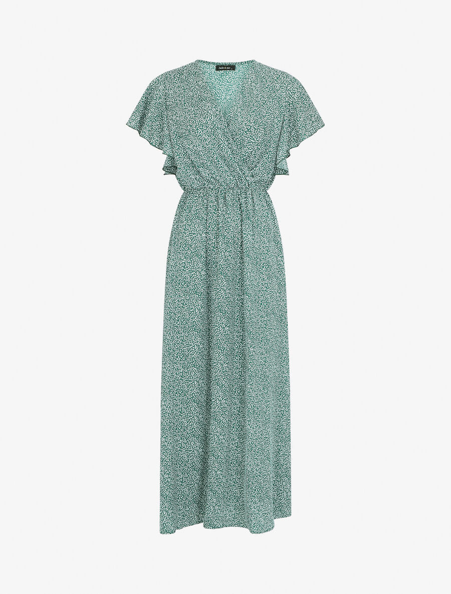 Robe longue imprimé floral à manches courtes volantées - Vert - 1