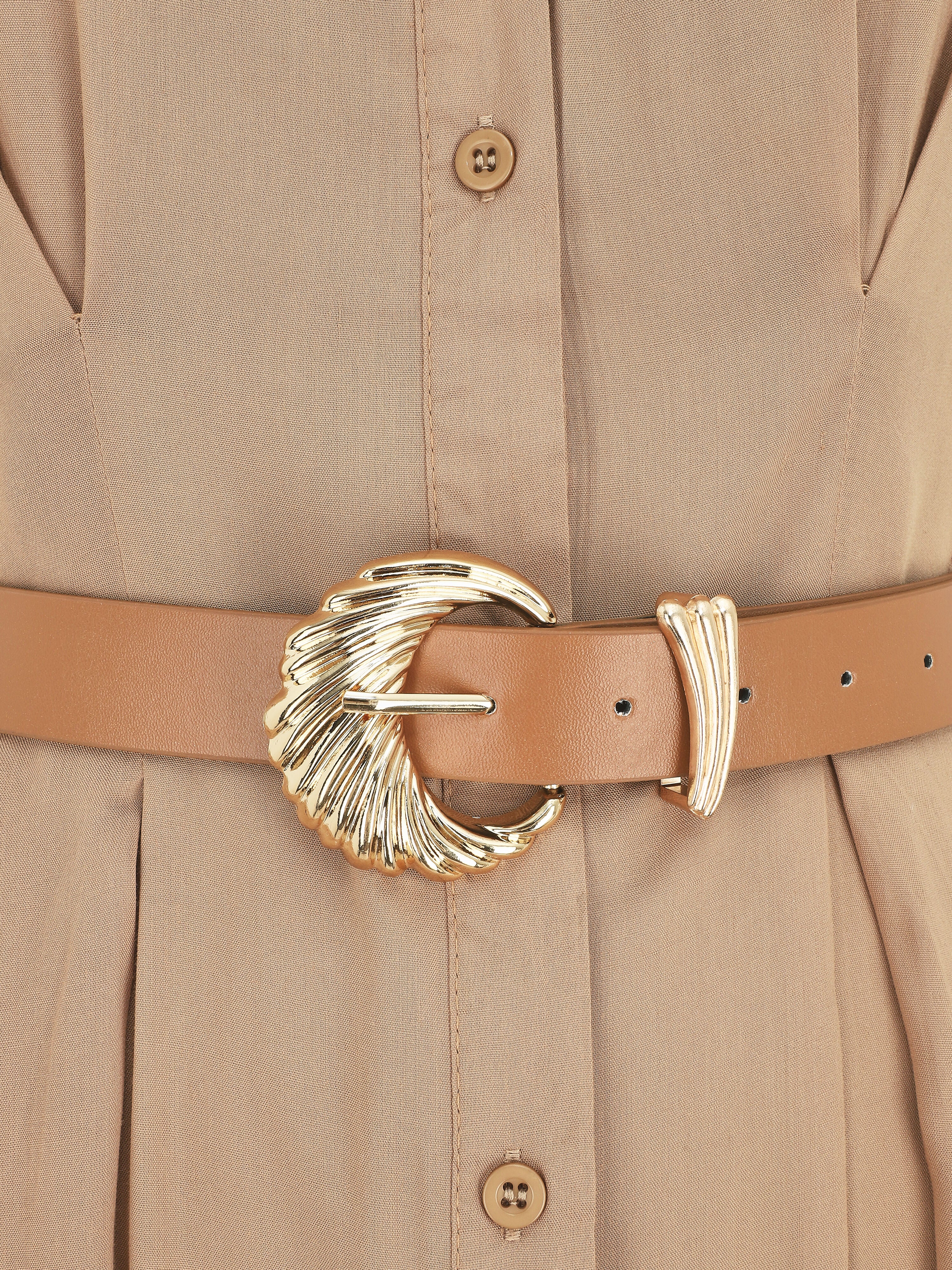 Robe chemise longue ceinturée - Camel - 3