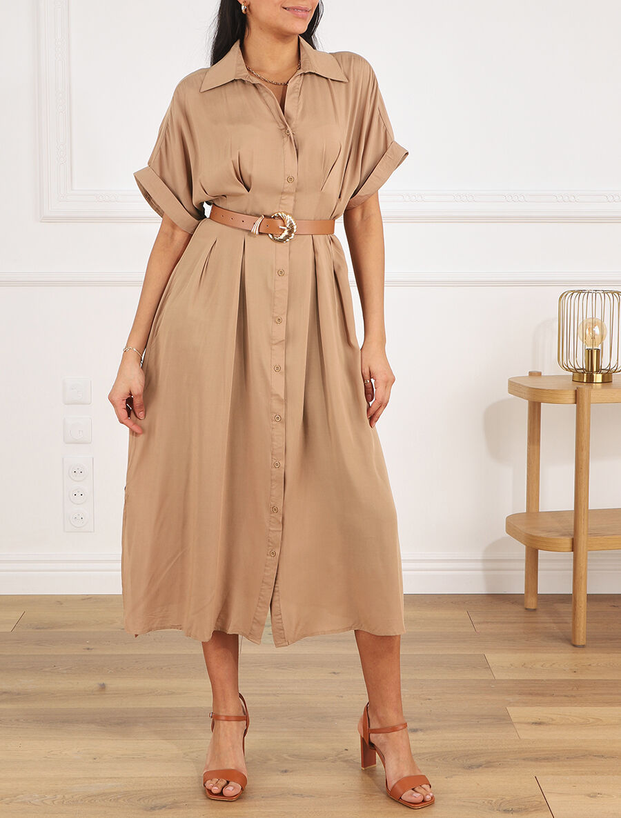 Robe chemise longue ceinturée - Camel - 4